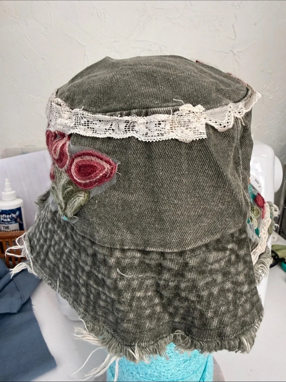 Upcycled Boho Green Wash Bucket Hat One Size